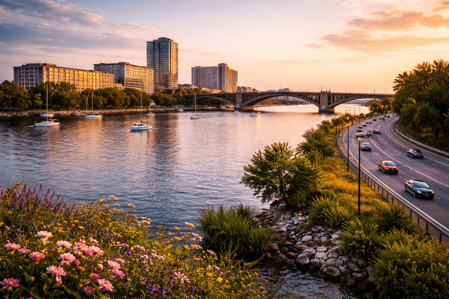 Waterfront cityscape at sunset