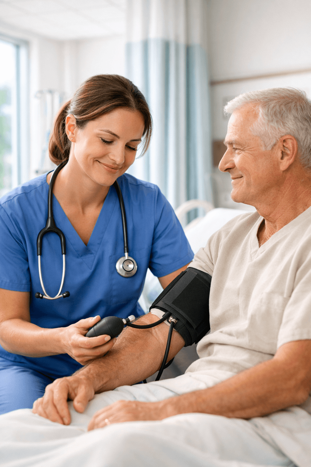 Nurse walking through a hospital hallway